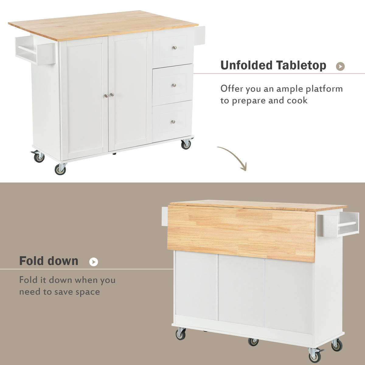 Rolling Mobile Kitchen Island with Solid Wood Top and Locking Wheels,52.7 Inch Width,Storage Cabinet and Drop Leaf Breakfast Bar,Spice Rack, Towel Rack & Drawer (White) WF287035AAW-djyc