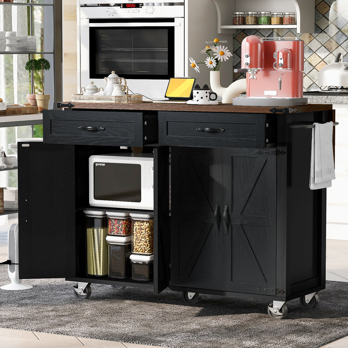 K&K 53.5''Farmhouse Kitchen Island with Power Outlet, Kitchen Storage Island with Drop Leaf, Spice Rack and Drawer, Rolling Kitchen Cart on Wheels, for Home, Kitchen and Dining Room, Black N707P170348B-djyc