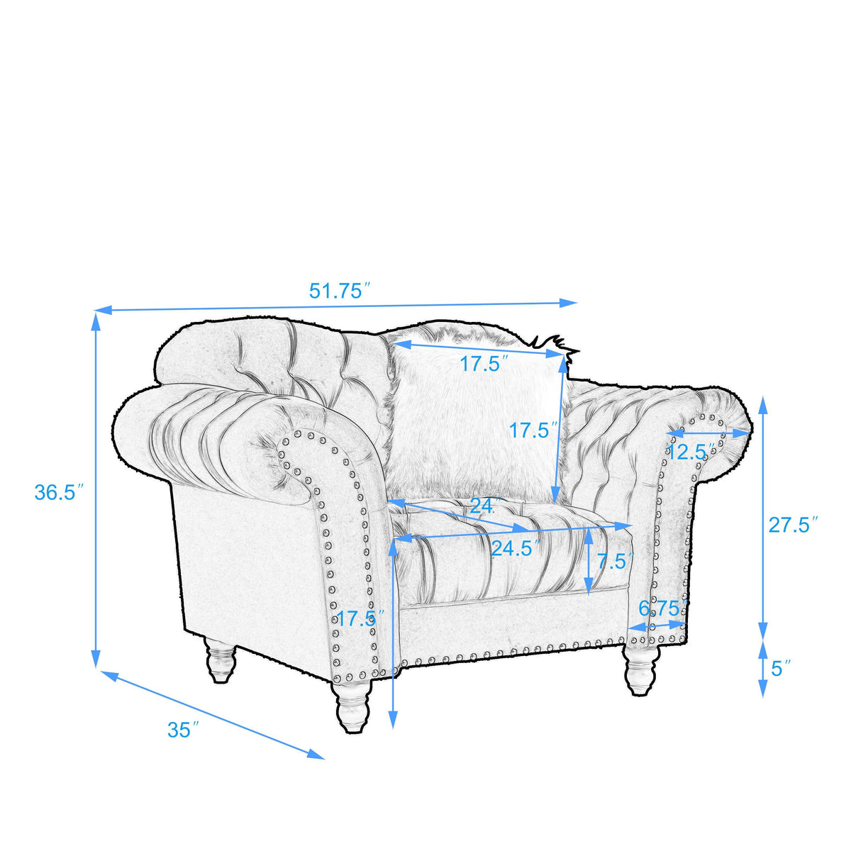 3 Piece Living Room Sofa Set, including 3-Seater Sofa, Loveseat and Sofa Chair, with Button and Copper Nail on Arms and Back, Five White Villose Pillow, Blue. W487S00051-djyc