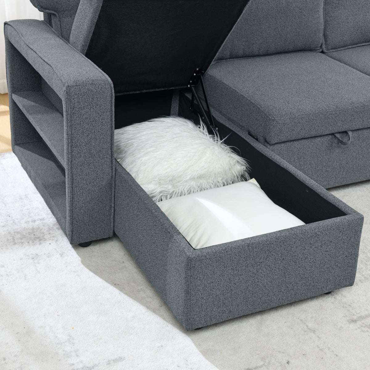 Linen Upholstered Sleeper Sectional Sofa, Shaped Modular Convertible Sofa with Storage Chaise,There are two cup holders in the middle and USB multi-interface function,Pull Out Sleep Couch Bed ,Grey W487S00245-djyc