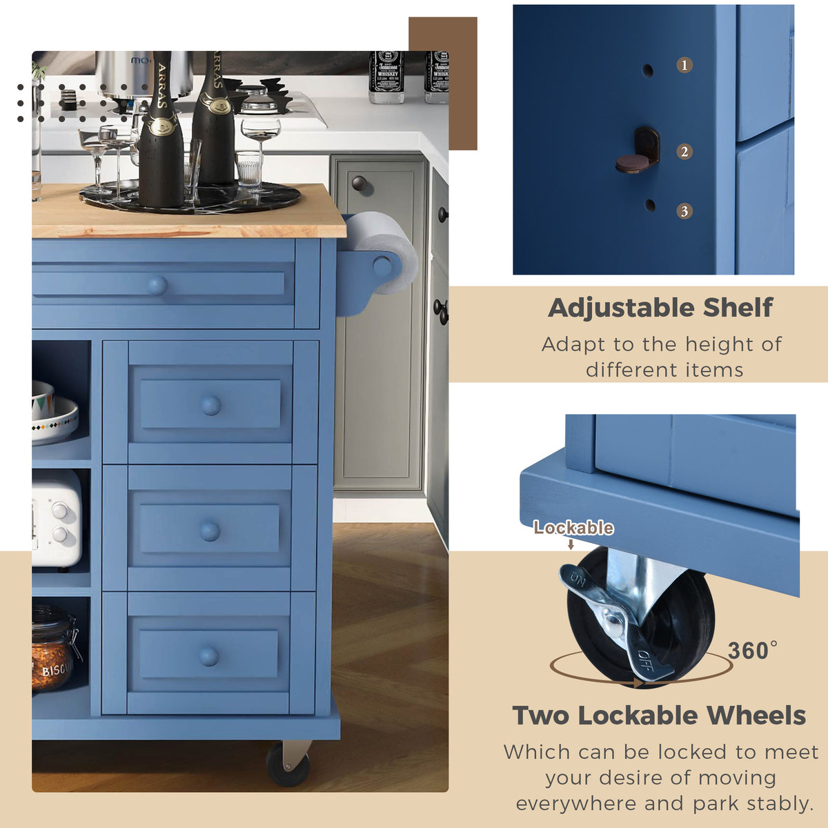 Kitchen cart with Rubber wood desktop rolling mobile kitchen island with storage and 5 draws 53 Inch length (Blue) WF297003AAG-djyc