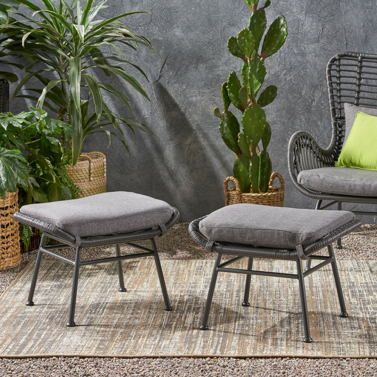 Montana Faux Rattan Outdoor Patio Ottoman with Cushion (Set of 2) 65045.00GRY-djyc