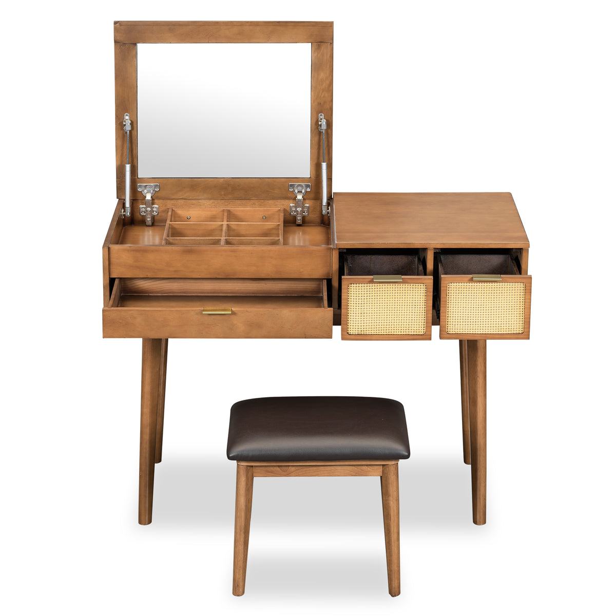 43.3" Classic Wood Makeup Vanity Set with Flip-top Mirror and Stool, Dressing Table with Three Drawers and storage space, Brown N704P165645-djyc