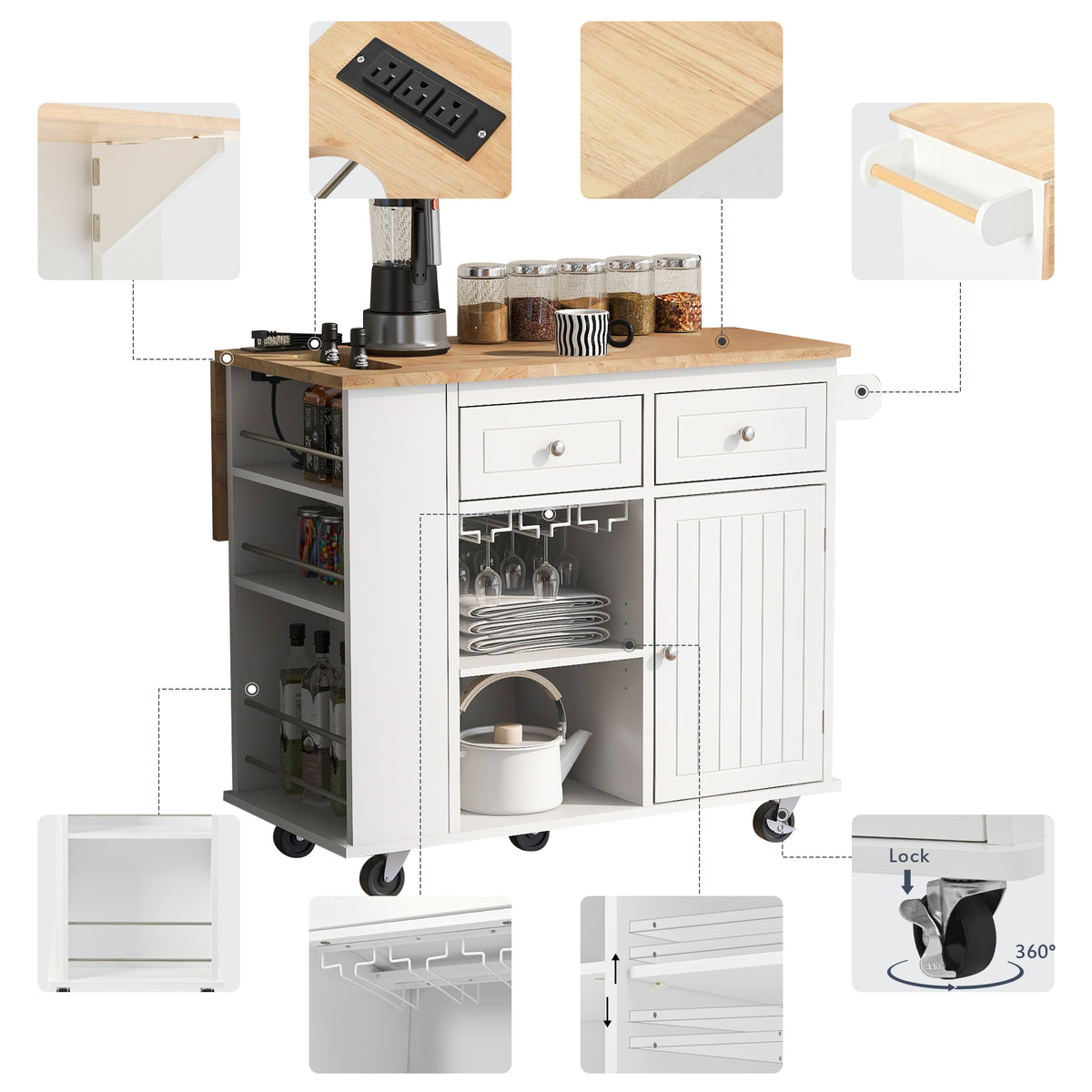 Kitchen Island with Power Outlet,Kitchen Storage Island with Drop Leaf and Rubber Wood,Open Storage and Wine Rack,5 Wheels,with Adjustable Storage for Home, Kitchen, and Dining Room,White WF305556AAW-djyc