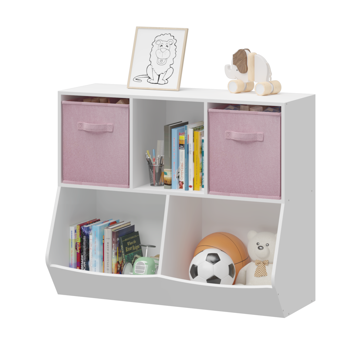 Kids Bookcase with Collapsible Fabric Drawers, Children's Toy Storage Cabinet for Playroom, Bedroom, Nursery, School, White/Pink W808119782-djyc