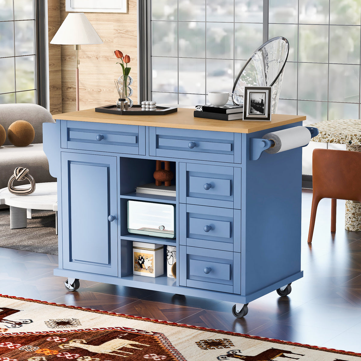 Kitchen cart with Rubber wood desktop rolling mobile kitchen island with storage and 5 draws 53 Inch length (Blue) WF297003AAG-djyc