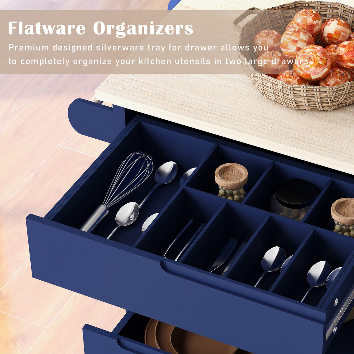 K&K Store Kitchen Cart with Rubber Wood Countertop , Kitchen Island has 8 Handle-Free Drawers Including a Flatware Organizer and 5 Wheels for Kitchen Dinning Room, Dark Blue SK000002AAG-djyc