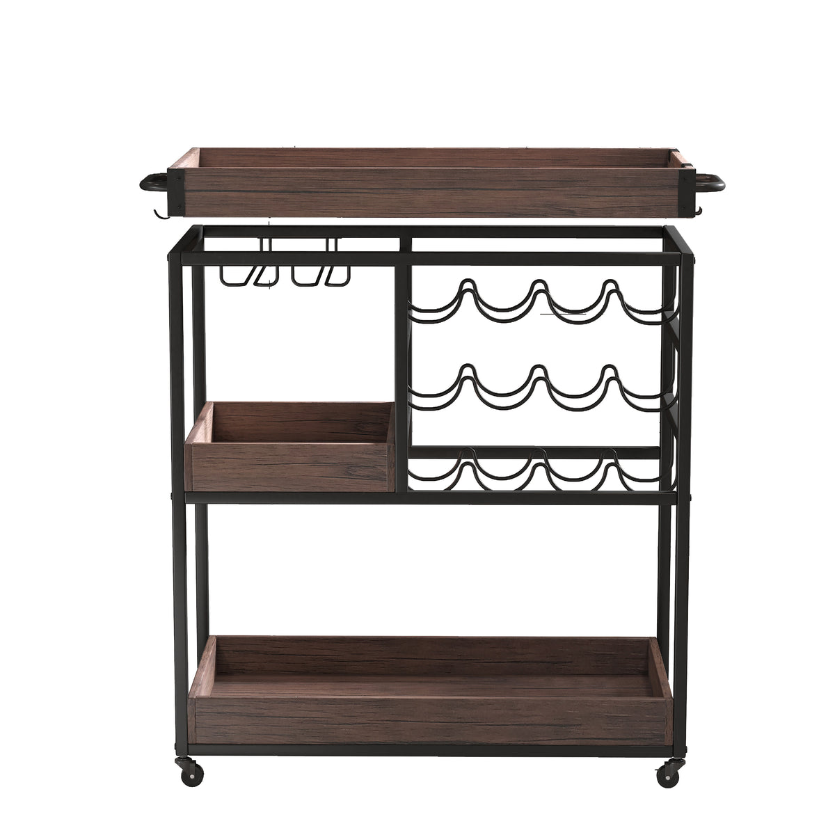 3 Tier Industrial Rolling Serving Cart with Lockable Wheels, Wine Rack Cart with Glass Holder for Indoor and Outdoor, Beverage Trolley cart with 2 Removable Tray, W2557P195401-djyc