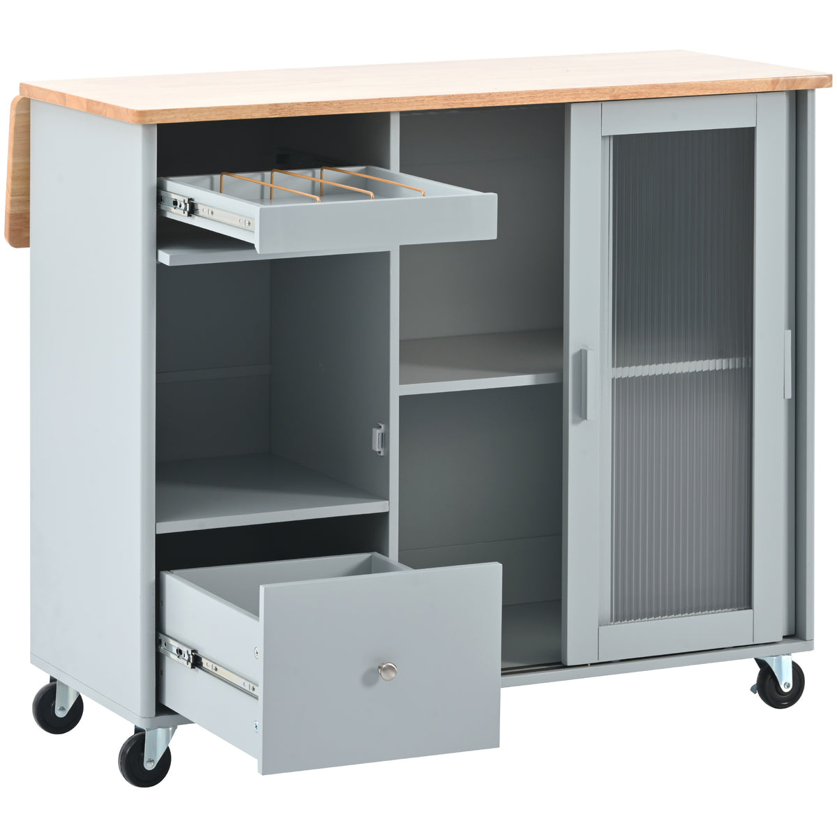 Kitchen Island with Drop Leaf, LED Light Kitchen Cart on Wheels with 2 Fluted Glass Doors and 1 Flip Cabinet Door, Large Kitchen Island Cart with an Adjustable Shelf and 2 Drawers (Grey Blue) WF311171AAG-djyc