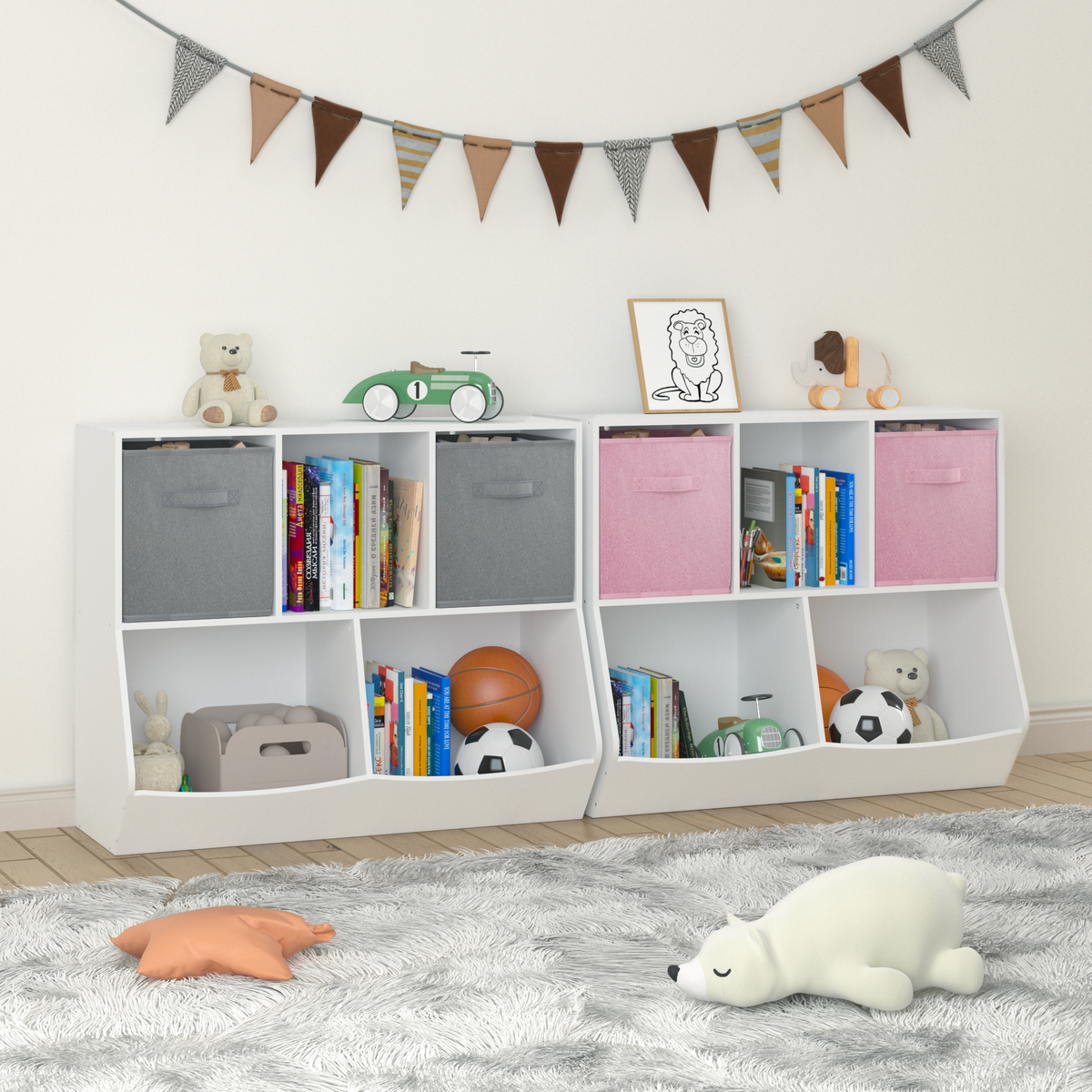 Kids Bookcase with Collapsible Fabric Drawers, Children's Toy Storage Cabinet for Playroom, Bedroom, Nursery, School, White/Pink W808119782-djyc