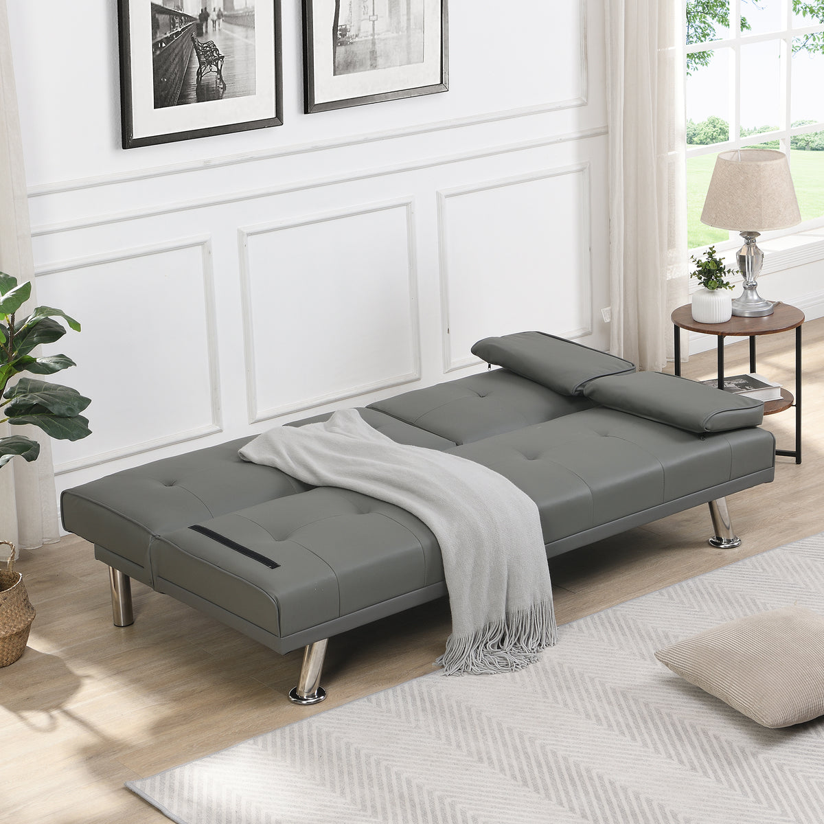 sofa bed with Armrest two holdersWOOD FRAME, STAINLESS LEG, FUTON GREY PVC W214104621-djyc