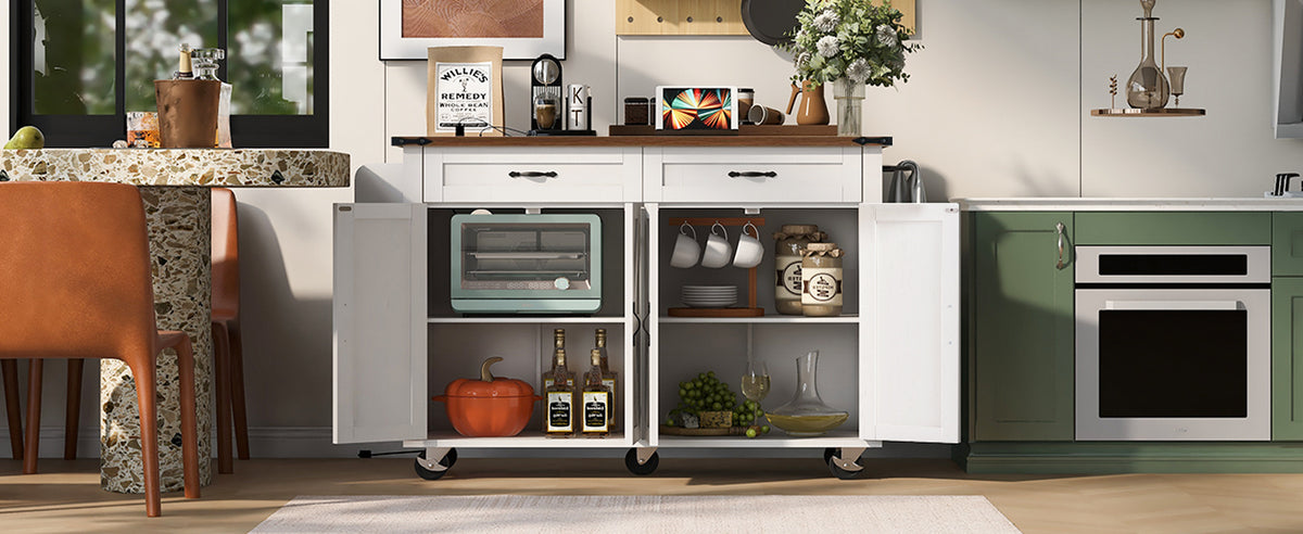 K&K 53.5''Farmhouse Kitchen Island with Power Outlet, Kitchen Storage Island with Drop Leaf, Spice Rack and Drawer, Rolling Kitchen Cart on Wheels, for Home, Kitchen and Dining Room, White N707P170348W-djyc