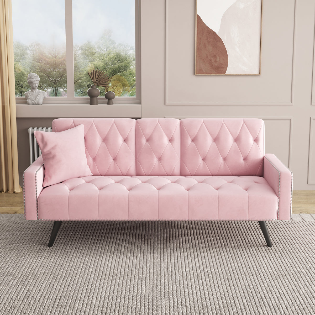 1730 Sofa Bed Armrest with Nail Head Trim with Two Cup Holders 72" Pink Velvet Sofa for Small Spaces W127850868-djyc