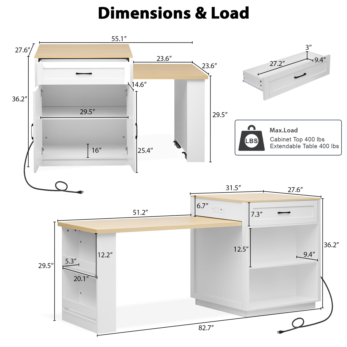 K&K 82.7 inch Kitchen Island with Extendable Dining Table for 4-6 Person,Two-tone Kitchen Table with Double-sized Storage, Power Outlet, Kitchen island with Storage 2 Drawers 2 Side Open Shelves,White N707S000010W-djyc