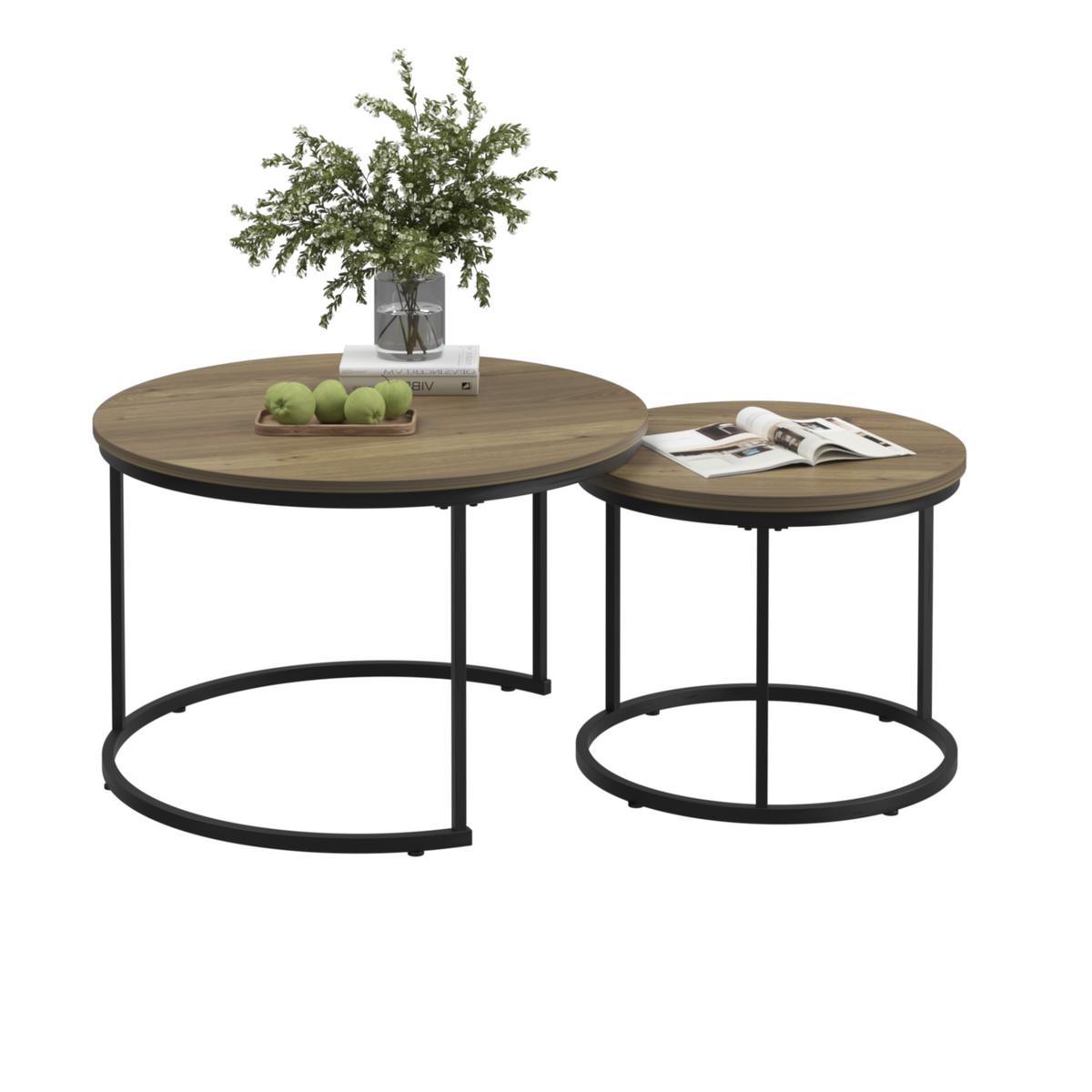 Nesting Coffee Table Set of 2, 27.6inch Round Coffee Table Industrial Wood Finish with Sturdy Metal Frame, End Table Side Tables for Living Room Bedroom Balcony Yard (Brown) W808P176726-djyc