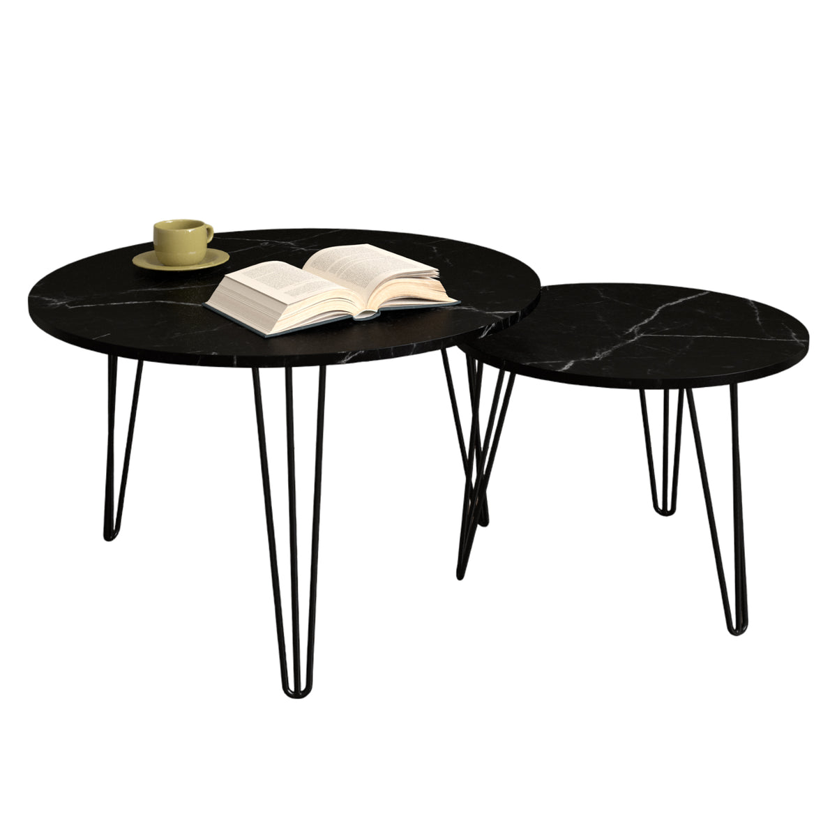 27.56'' Round Nesting Coffee Table Set of 2, Circular Nesting End Table Set, Round Marble Tabletop, and Sturdy Metal Base for Living Room, bedroom, Black W808P176733-djyc