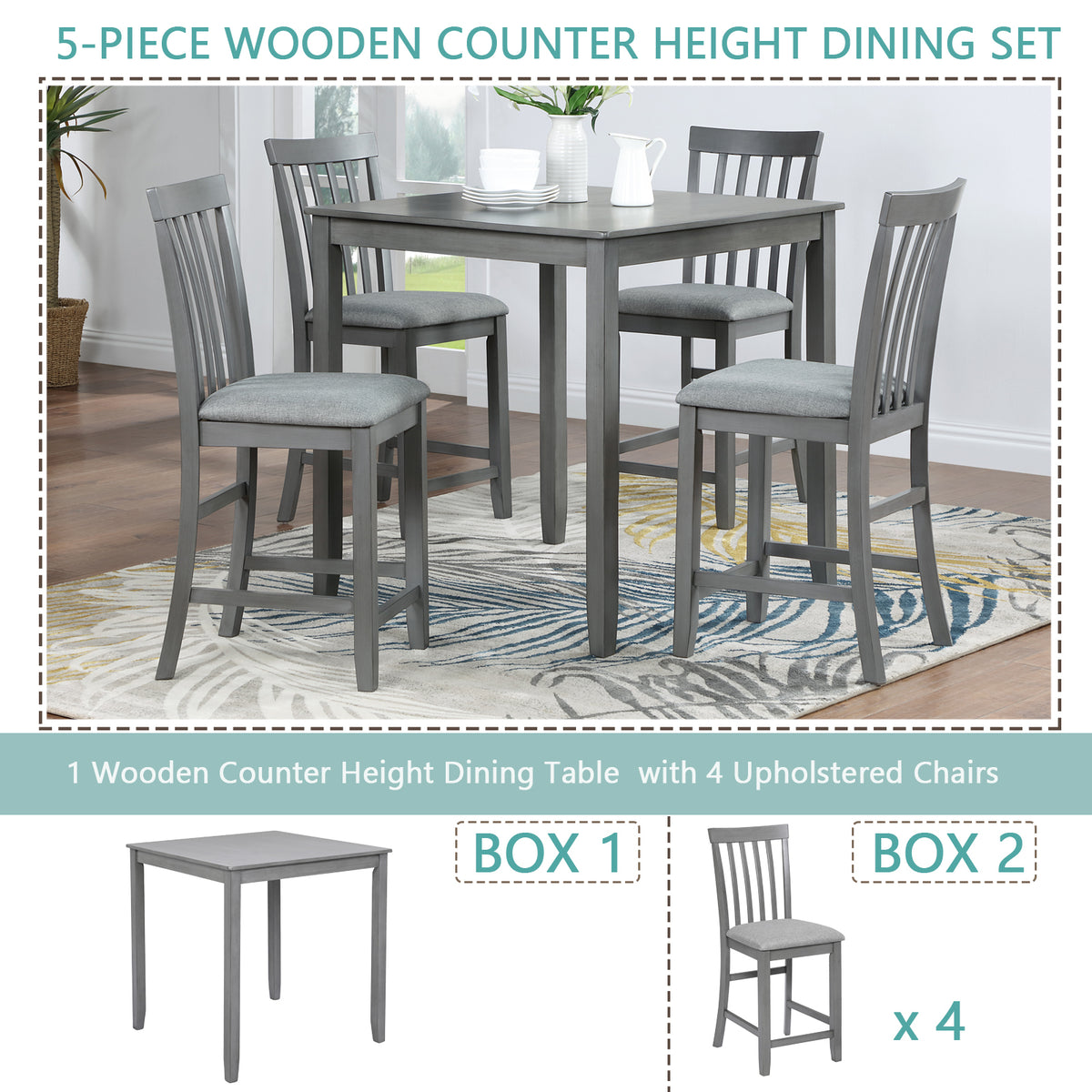 5 Piece Dining Table Set, Wooden Dining Square Table Set for 4, Counter Height Kitchen Table Set with Square Table and 4 Upholstered Chairs for Small Space, Gray W1998S00030-djyc