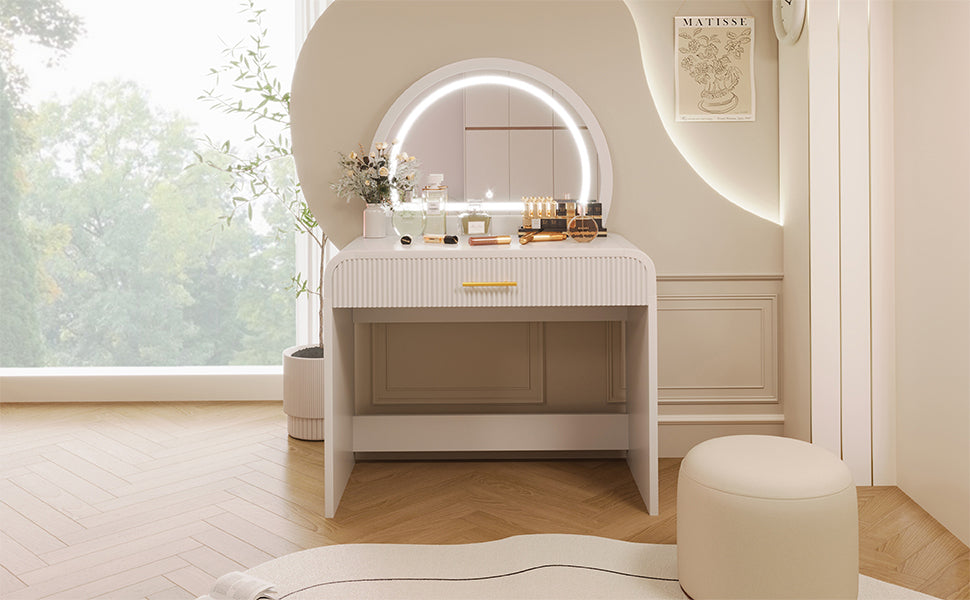 39" Makeup Vanity Table with Mirror Touch Screen Lighted Mirror, Dressing Table with Drawer for Bedroom, White N704P196658K-djyc