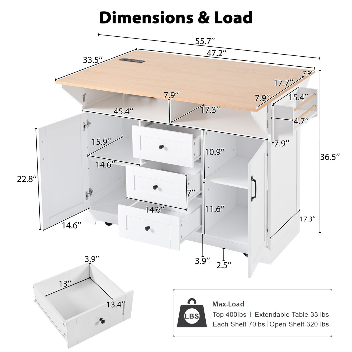 K&K 55.7'' Large Kitchen Island with 2 Drop Leaf,, Rolling Kitchen Cart on 5 Wheels with Power Outlet, Folding Storage Dining Table with Spice & Towel Rack , 3 Drawers, for Kitchen, Dining Room,White N707P186617W-djyc