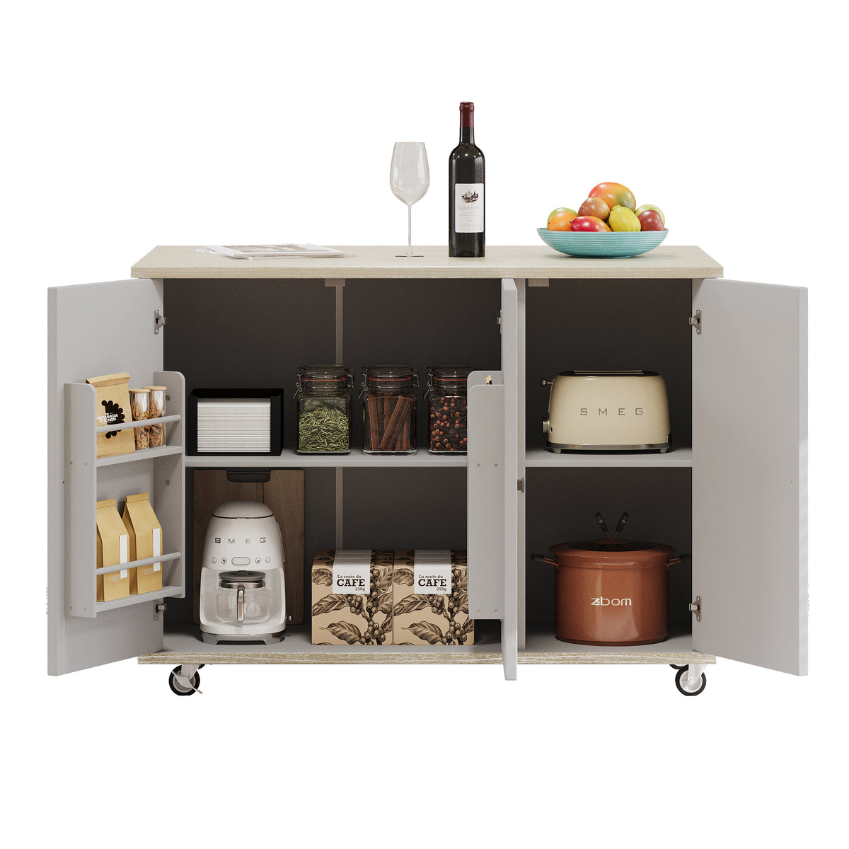 K&K 51.2"W Ash Veneer (Not Cheap Paper) Solid Wood Handwoven Kitchen Island with Drop Leaf, Coastal Kitchen Island on Wheels with Internal Storage Rack, Rolling Kitchen Cart, Champagne N707P207916X-djyc