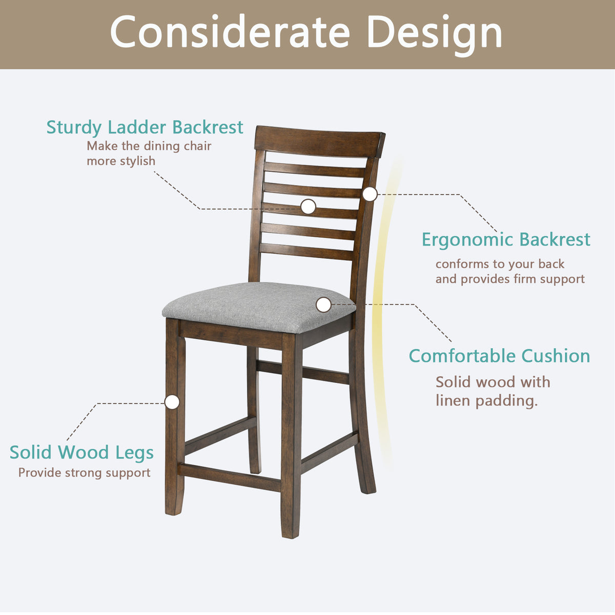 Dining Room Furniture Counter Height Chairs Set of 4, Kitchen Chair with Padded Seat , Upholstered Side Chair for Dining Room, Living Room, Walnut W1998126386-djyc