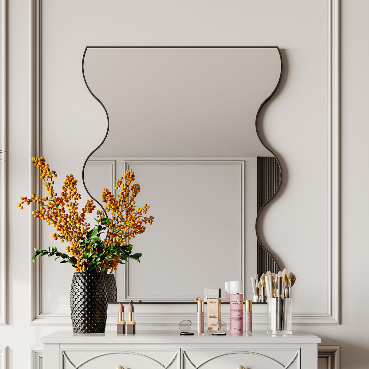 Wall Mirror 30x35 Inch Black Rectangular Mirror with 2 Wavy Sides Metal Framed Mirror Vanity Mirror Dressing Mirror, for Bathroom, Living Room, Bedroom Wall Decor W1435133318-djyc