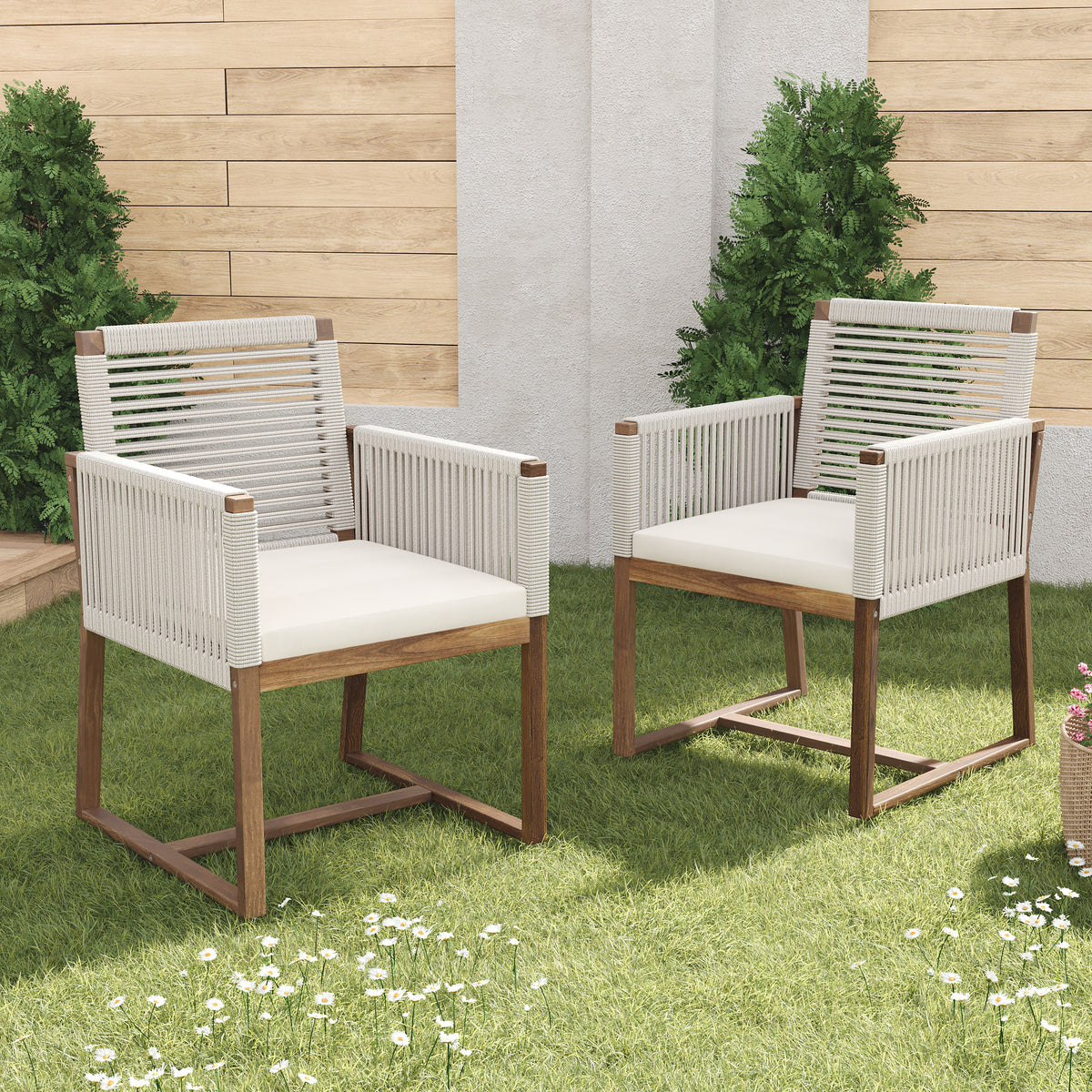 Outdoor Dining Chairs Set of 2, Acacia Wood Patio Armchair with Rope Design Back and Arms and Washable Cushion,for Backyard, Poolside, Garden,White N762P238694K-djyc