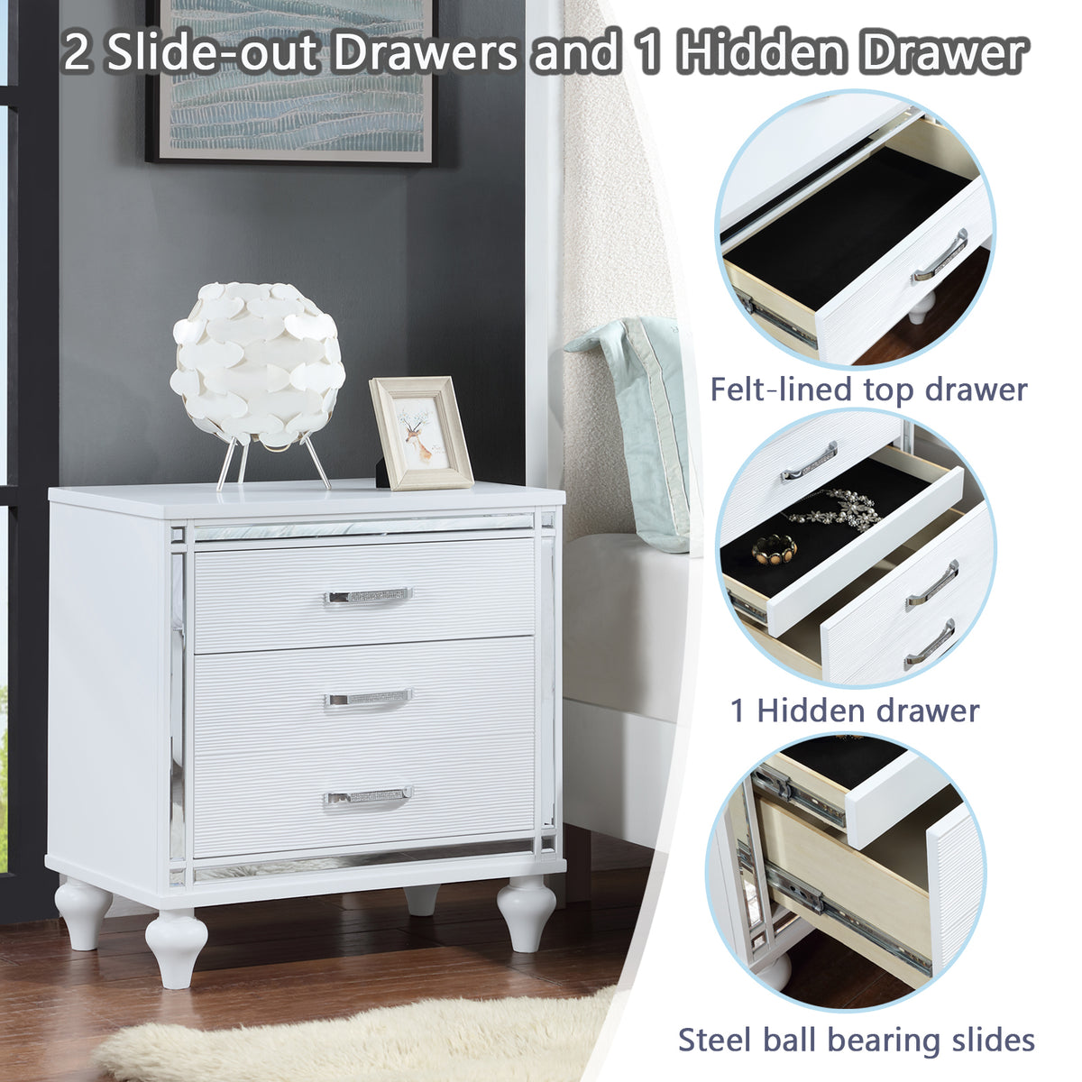 Contemporary Nightstands with mirror frame accents, Bedside Table with two drawers and one hidden drawer, End Table with Crystal Pull for Living Room,Bedroom, White W1998131735-djyc