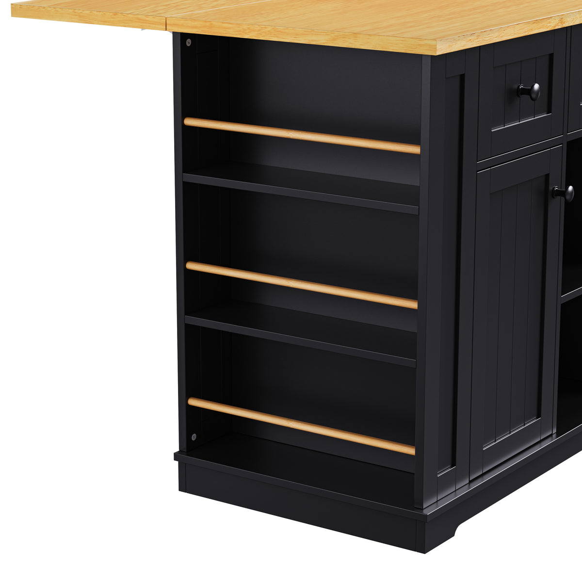 K&K 53inch Large Kitchen Island with 2 Bar Stools, Power Outlet,Door Internal Storage Rack, Kitchen Storage Cart on 5 Wheels with Drop Leaf, 5 Open Side Racks, 3 Drawers, for Kitchen,Dining Room,Black N707S000007B-djyc