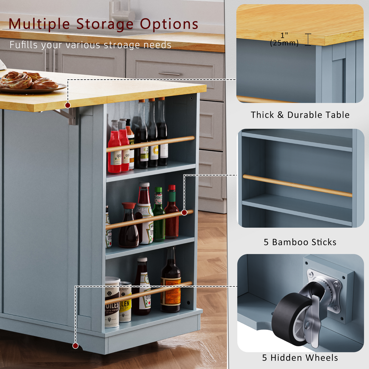 K&K 53inch Large Kitchen Island with Drop Leaf,Power Outlet,Door Internal Storage Rack,Rolling Kitchen Cart on 5 Wheels with 5 Open Side Racks for Kitchen,Dining Room,Grey Blue(Not include bar stools) N707P185531G-djyc