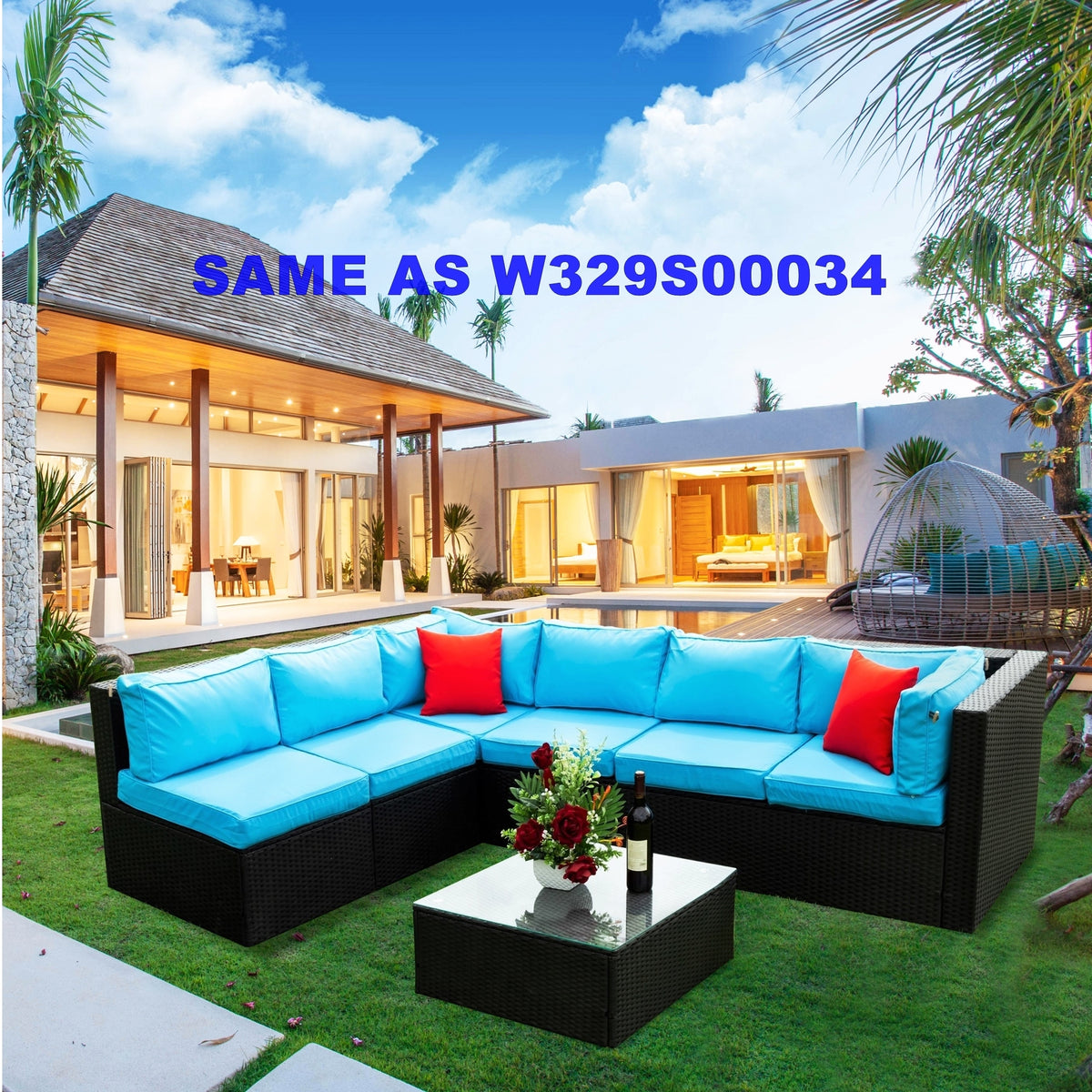 5 Pieces PE Rattan sectional Outdoor Furniture CushionedU Sofa set with 2 Pillow W329S00014-djyc