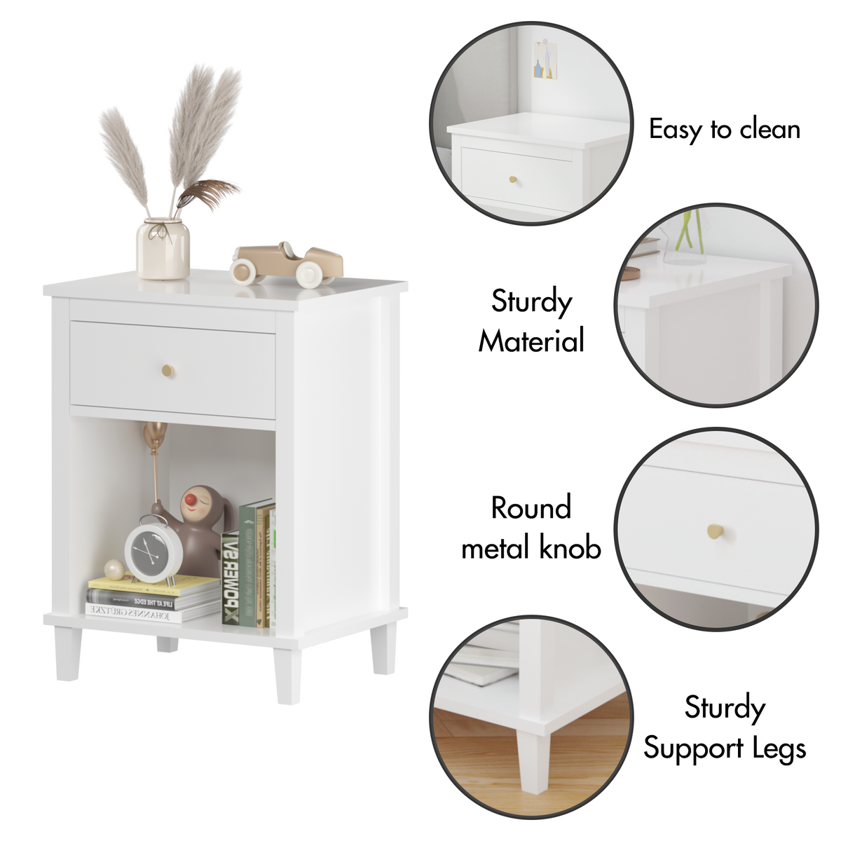 26.77''H Wooden Nightstand with One Drawer One Shelf for Kids, Adults, White W80859138-djyc