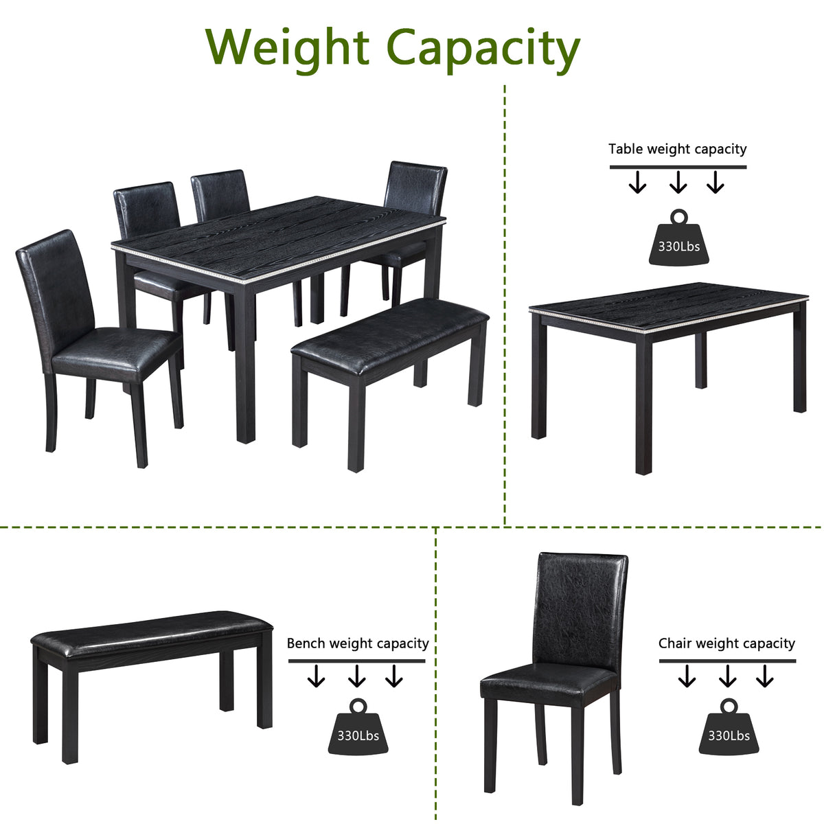 Wooden Dining Rectangular Table with Bench, Kitchen Table with Bench for Small Space, 6 Person Dining Table, Black W1998S00044-djyc