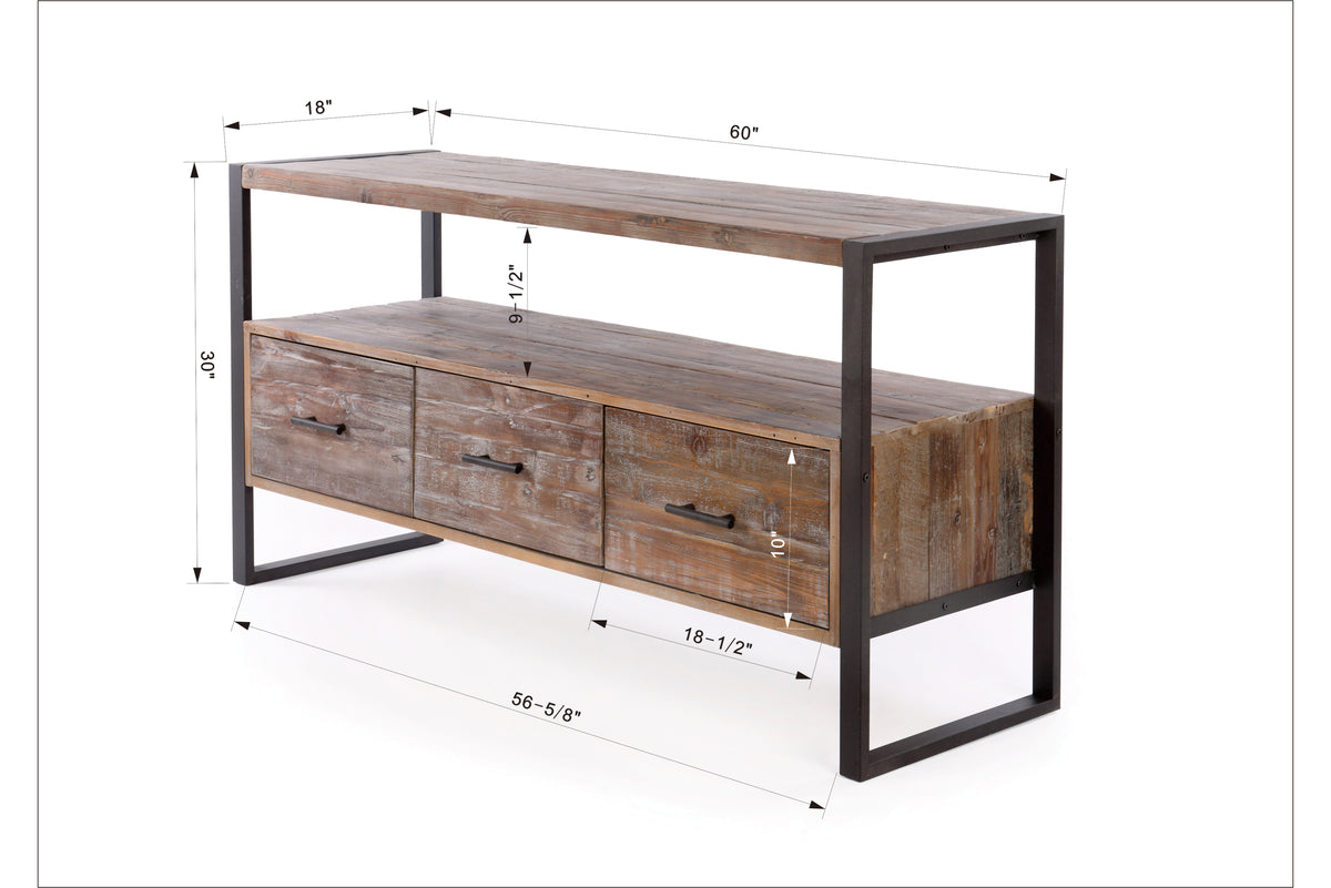 60 inch Reclaimed wood Media TV Console table with 3 Drarwer, Open Shelf, Antique finish W142562412-djyc