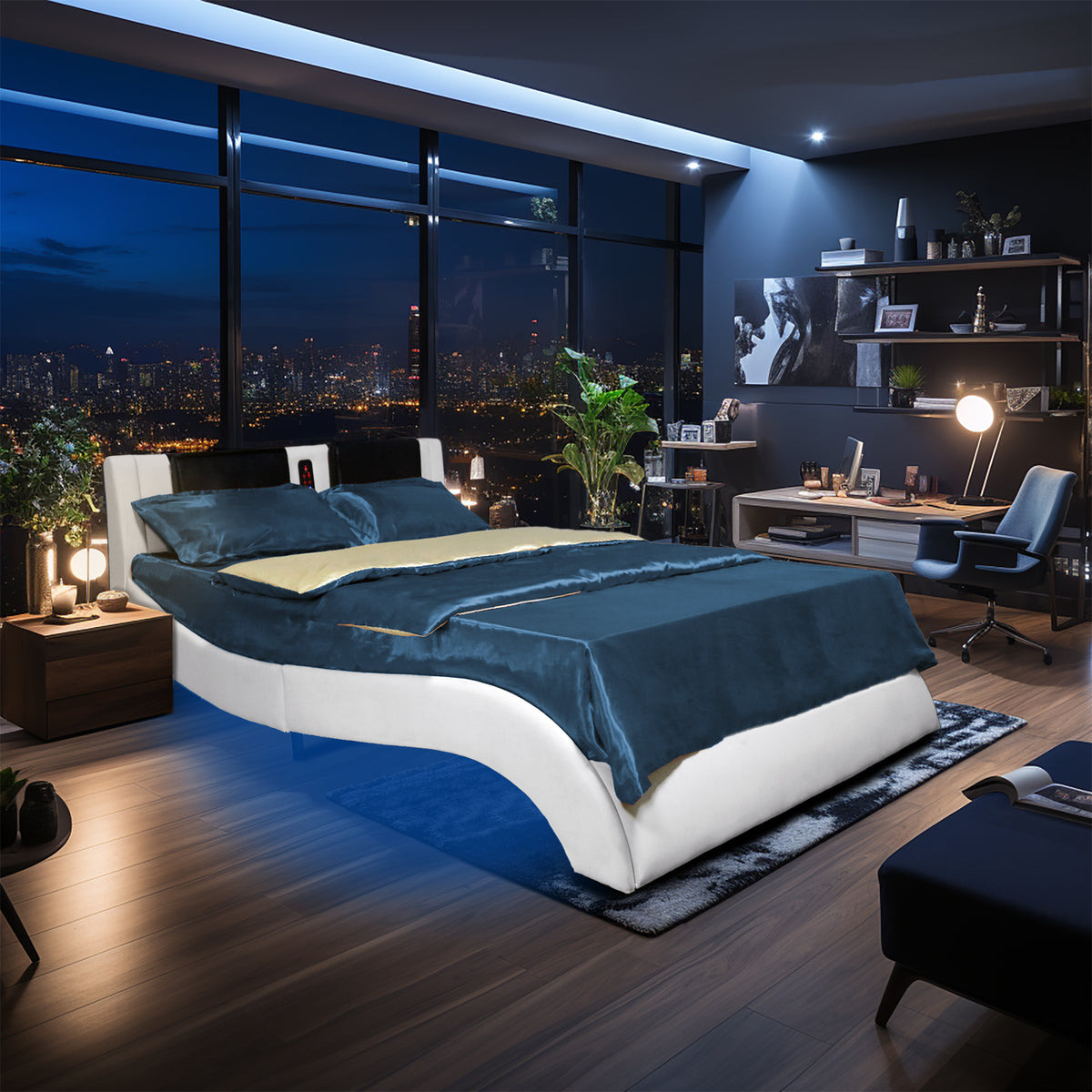 Faux Leather Upholstered Platform Bed Frame with led lighting, Bluetooth connection to play music control, Backrest vibration massage, Curve Design, Wood Slat Support, One-Carton Package, Queen W1360119721-djyc