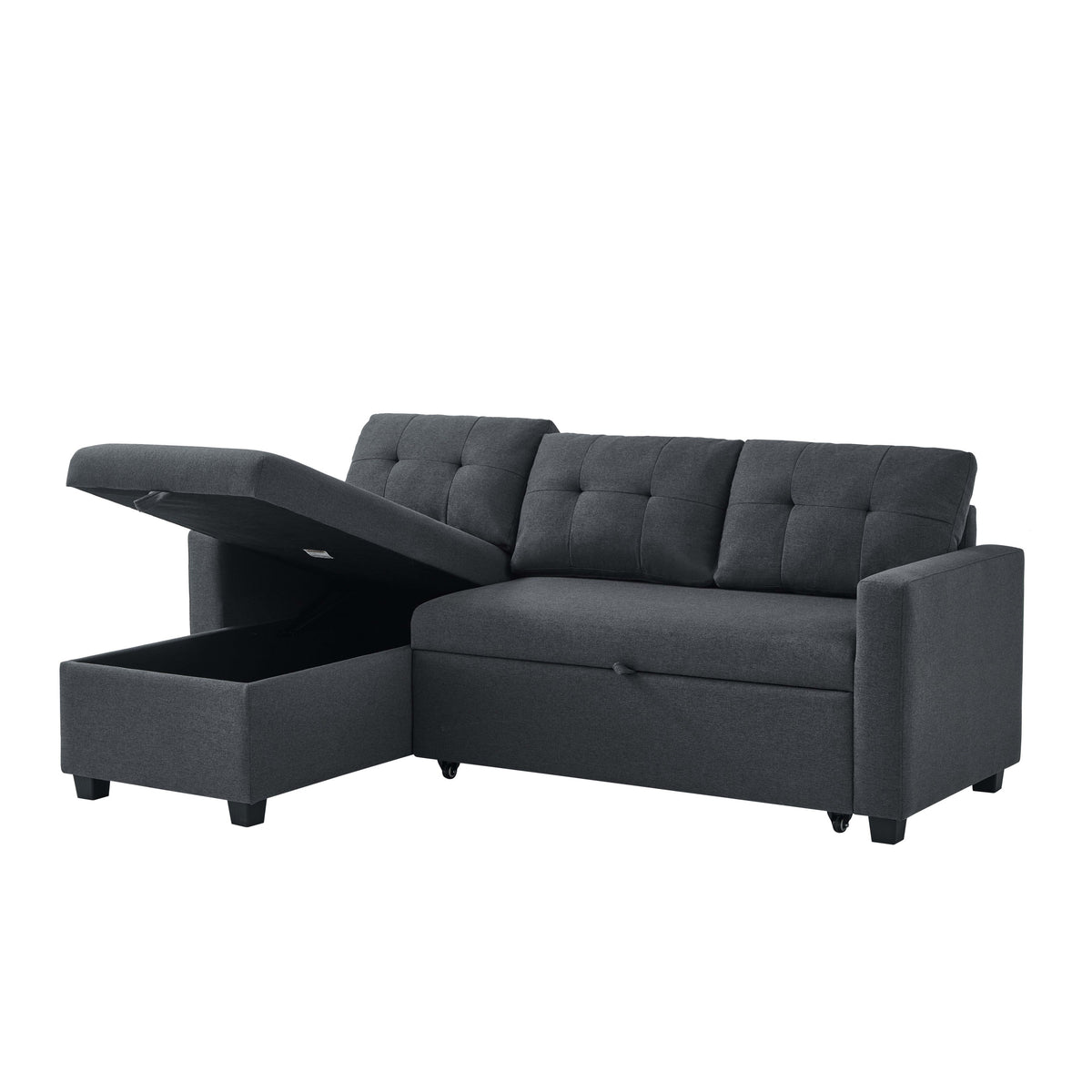 Upholstered Pull Out Sectional Sofa with Storage Chaise, Convertible Corner Couch, Dark Grey W2336S00012-djyc