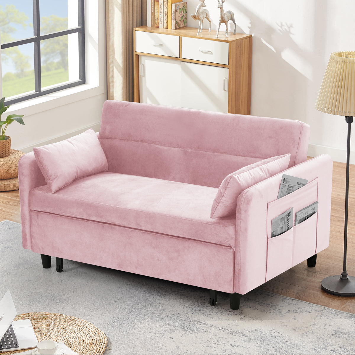 Sofa pull-out bed includes two pillows 54 "pink velvet sofa with small space W1278P144535-djyc