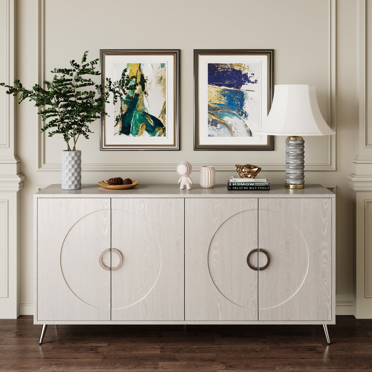 Modern Lacquered 4 Door Wooden Cabinet Sideboard Buffet Server Cabinet Storage Cabinet, for Living Room, Entryway, Hallway, Office, Kitchen and Dining Room, Champagne Silver W1435P191609-djyc
