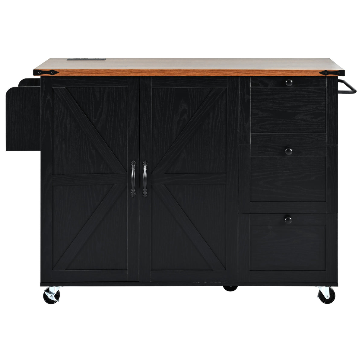 K&K 54.5" Farmhouse Kitchen Island with Power Outlet, Kitchen Storage Islandwith Internal Storage Rack, Drop Leaf, Spice Rack, Rolling Kitchen Cart on Wheels, for Home, Kitchen and Dining Room,Black N707P170349B-djyc