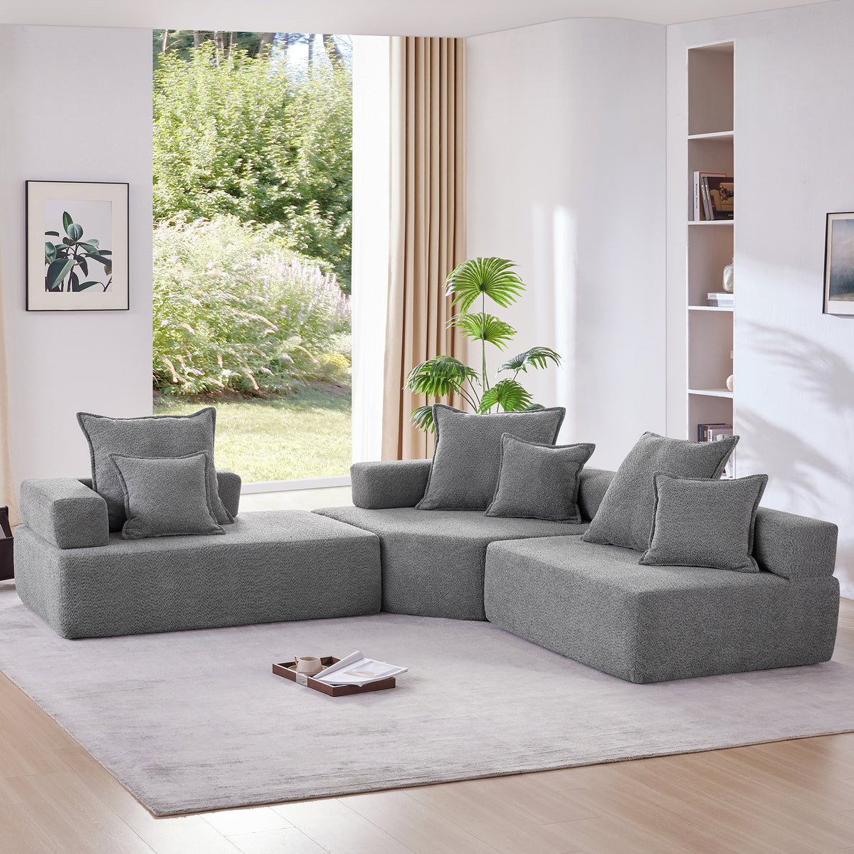 Oversized Modular L Shaped Sectional Sofa,Luxury Boucle Floor Couch Set,Convertible Compressed Couch,Spacious Foam-Filled Sofa for Living Room,3 PC Free Combination,2 Colors N723S0291E-djyc
