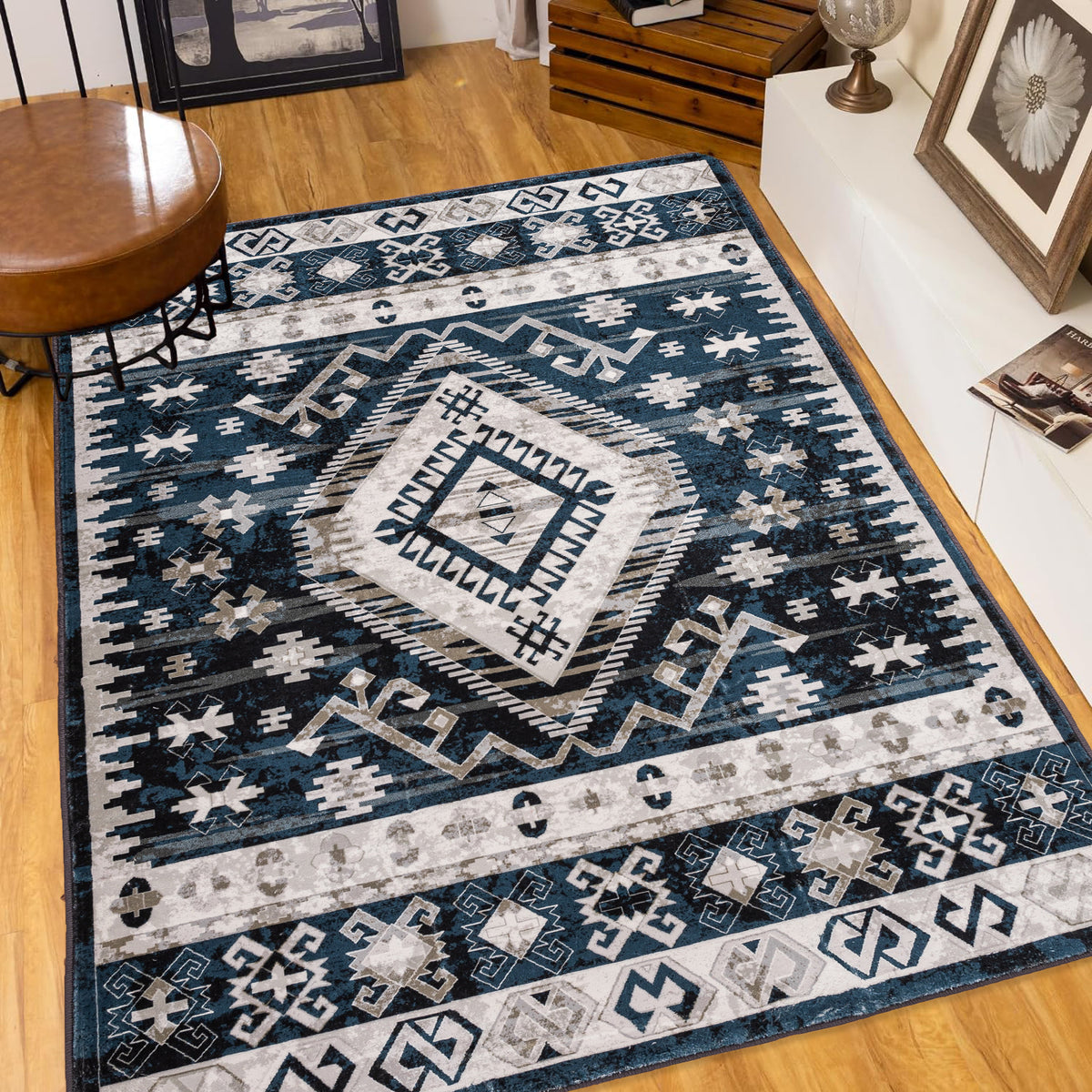 Area Rug 6x9 Vintage Bohemia Large Persian Non-slip Washable Rug For Living Room Kitchen Bedroom Living Room Geometry Blue/Black-W2907P265132