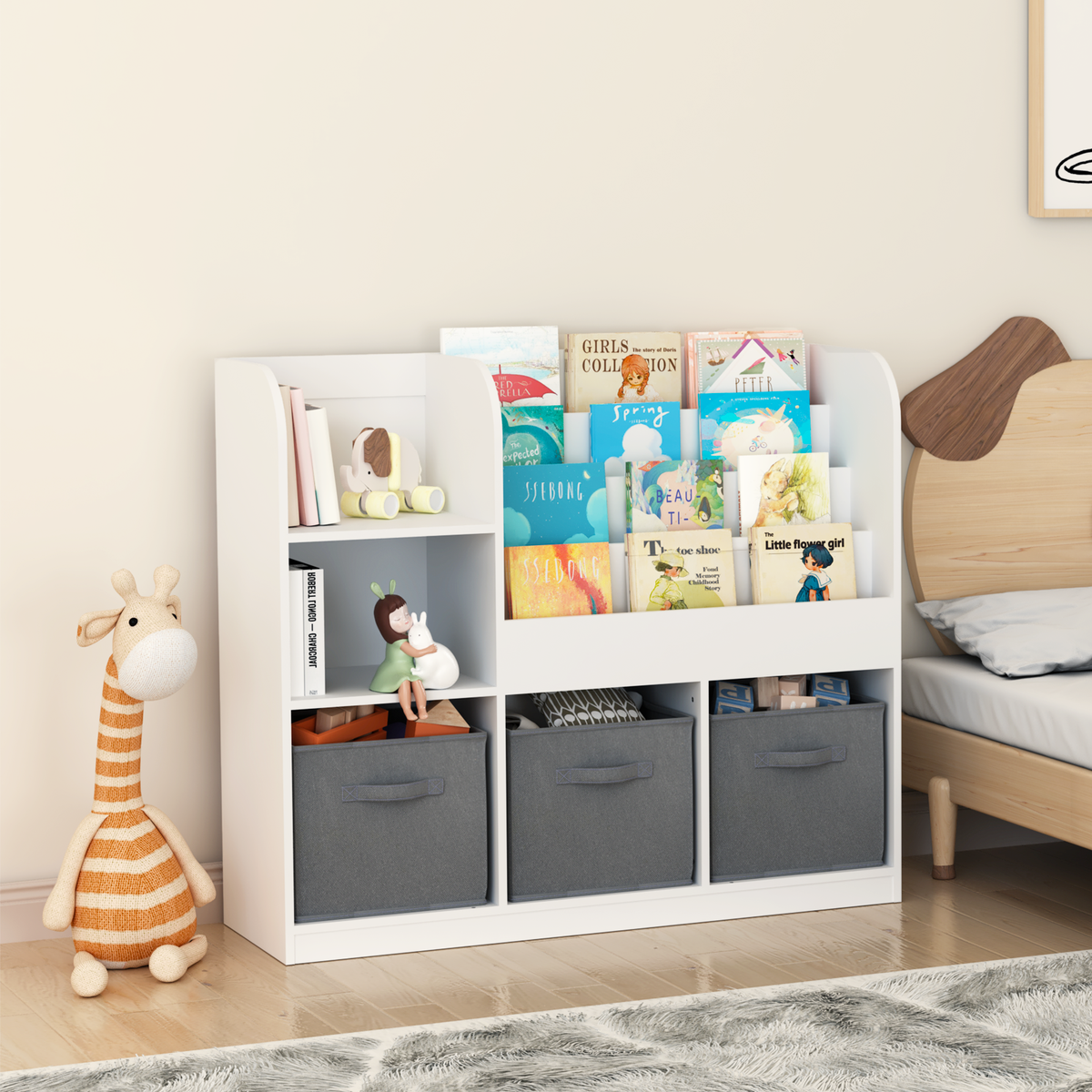 Kids Bookcase and Bookshelf, Multifunctional Bookcase with 3 Collapsible Fabric Drawers, Bookcase Display Stand, Toy Storage Organizer for Bedroom, Playroom, Hallway (White/Gray) W808127602-djyc