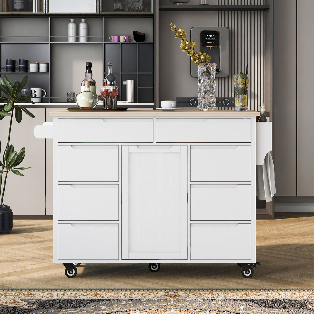 K&K Store Kitchen Cart with Rubber Wood Countertop , Kitchen Island has 8 Handle-Free Drawers Including a Flatware Organizer and 5 Wheels for Kitchen Dinning Room, White SK000002AAW-djyc