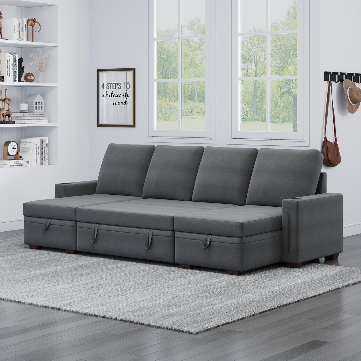 Sectional Sofa with Storage, 96" U Shaped Sectional Couches for Living Room, Comfy Convertible Sectional Sofa- Dark Grey W1669S00008-djyc