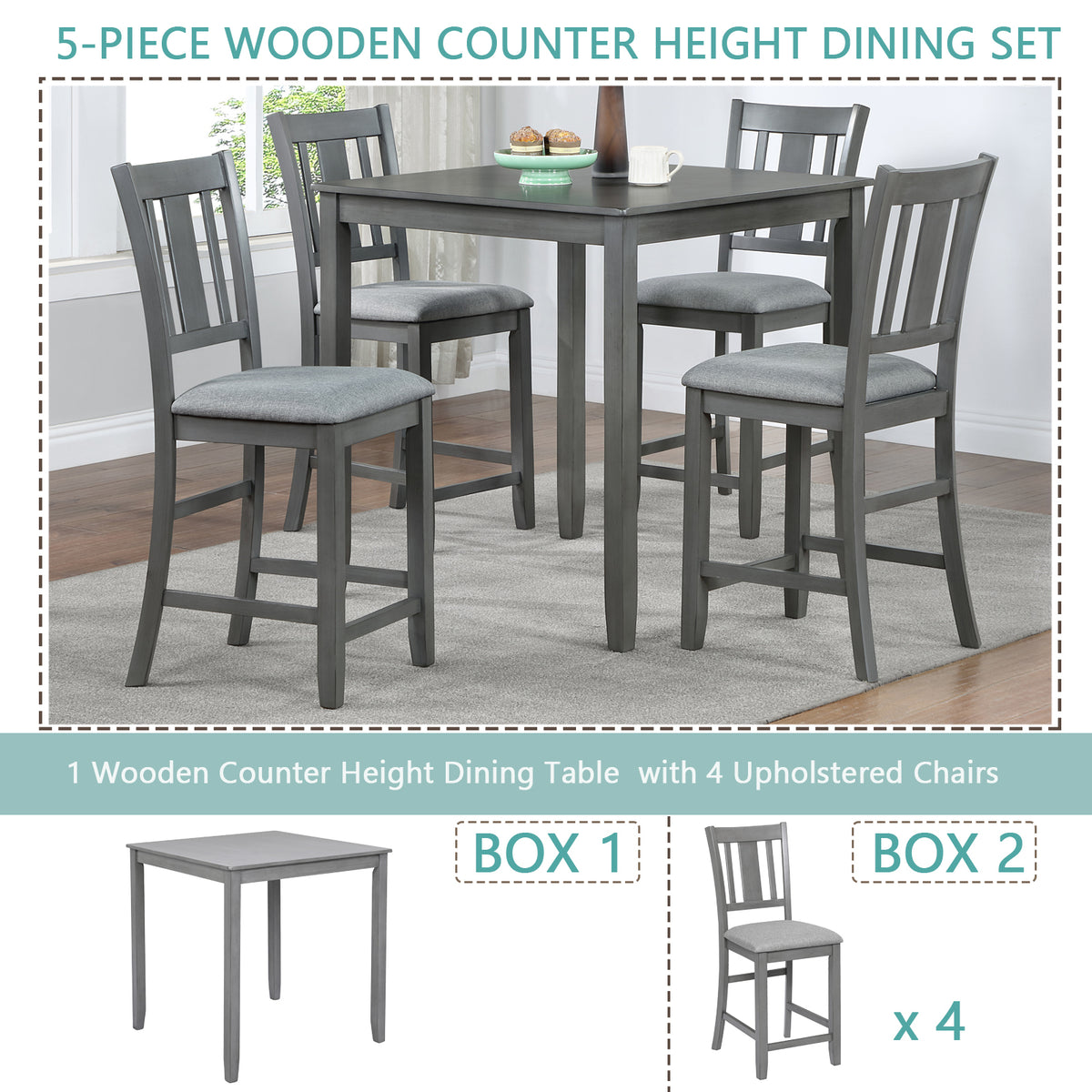 5 Piece Dining Table Set, Wooden Dining Square Table Set for 4, Counter Height Kitchen Table Set with Square Table and 4 Upholstered Chairs for Small Space, Gray W1998S00031-djyc