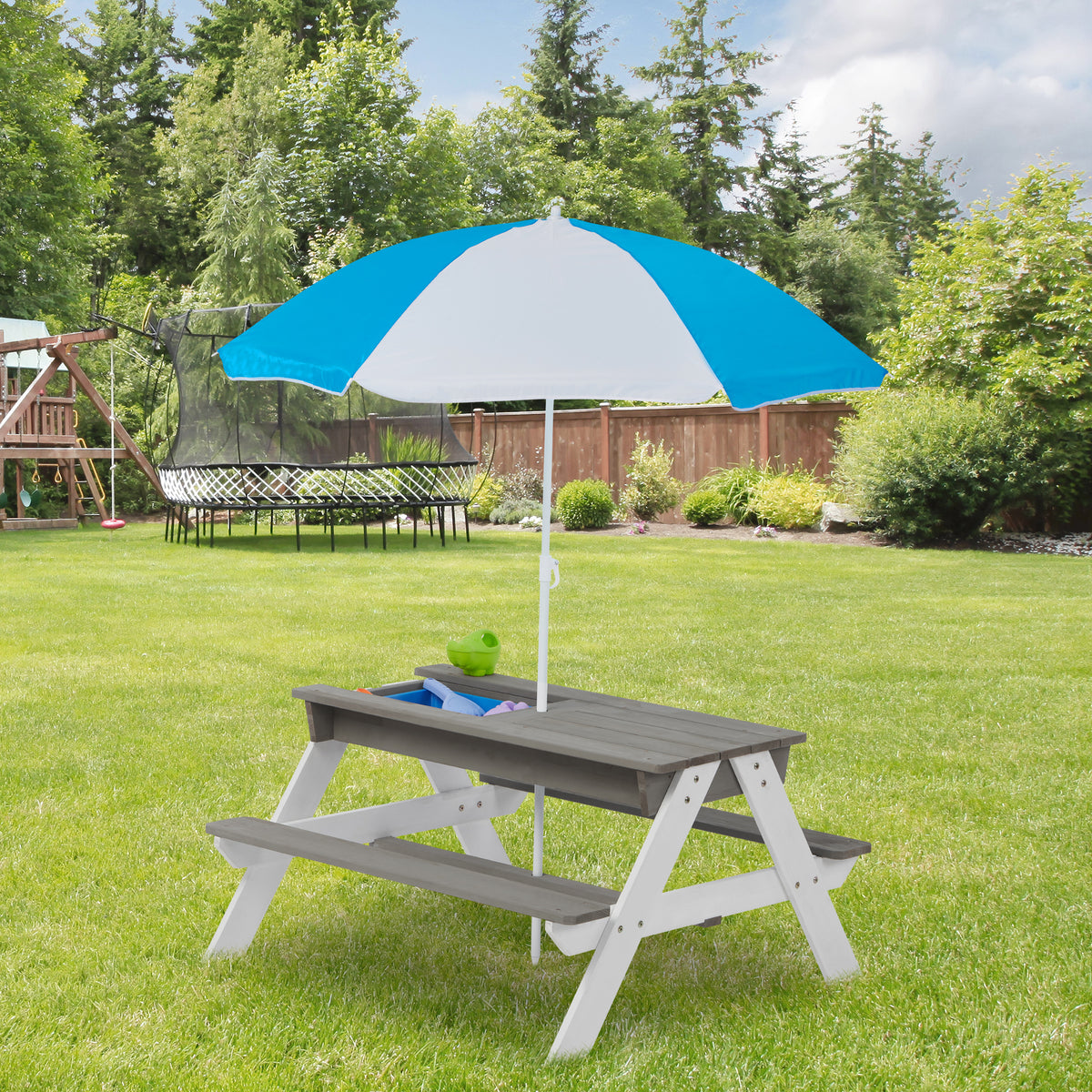 3-in-1 Kids Outdoor Wooden Picnic Table With Umbrella, Convertible Sand & Wate, Gray ASTM & CPSIA CERTIFICATION W1390104709-djyc