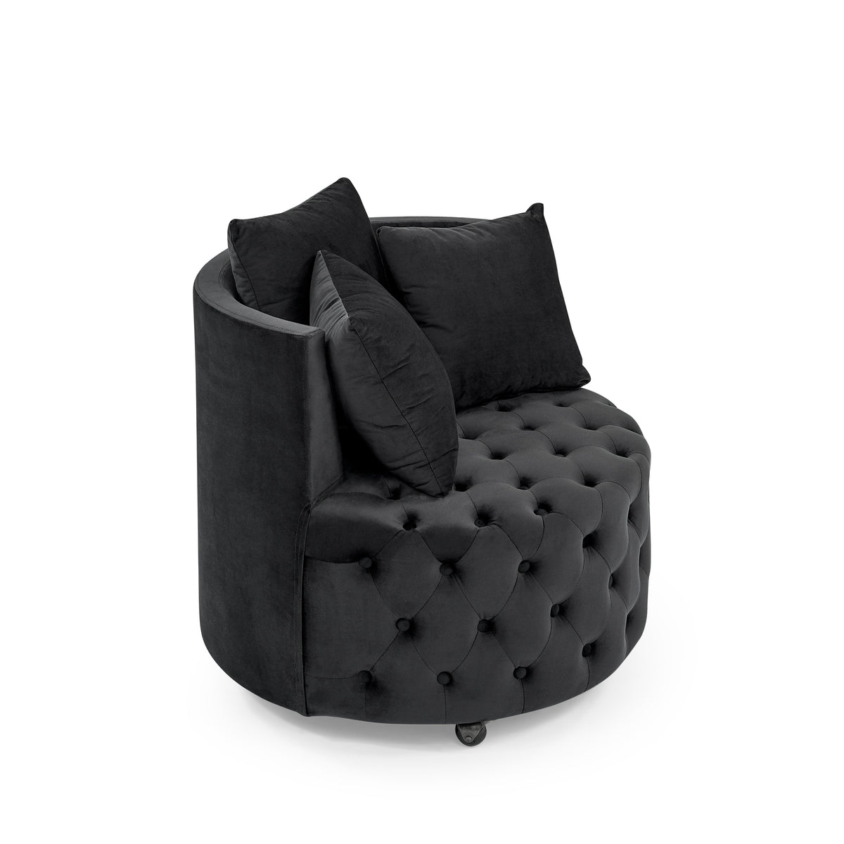 Velvet Upholstered Swivel Chair for Living Room, with Button Tufted Design and Movable Wheels, Including 3 Pillows, Black W48790917-djyc