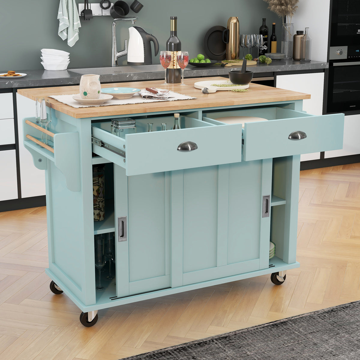 Kitchen Cart with Rubber wood Drop-Leaf Countertop, Concealed sliding barn door adjustable height,Kitchen Island on 4 Wheels with Storage Cabinet and 2 Drawers,L52.2xW30.5xH36.6 inch, Mint Green SK000001AAE-djyc