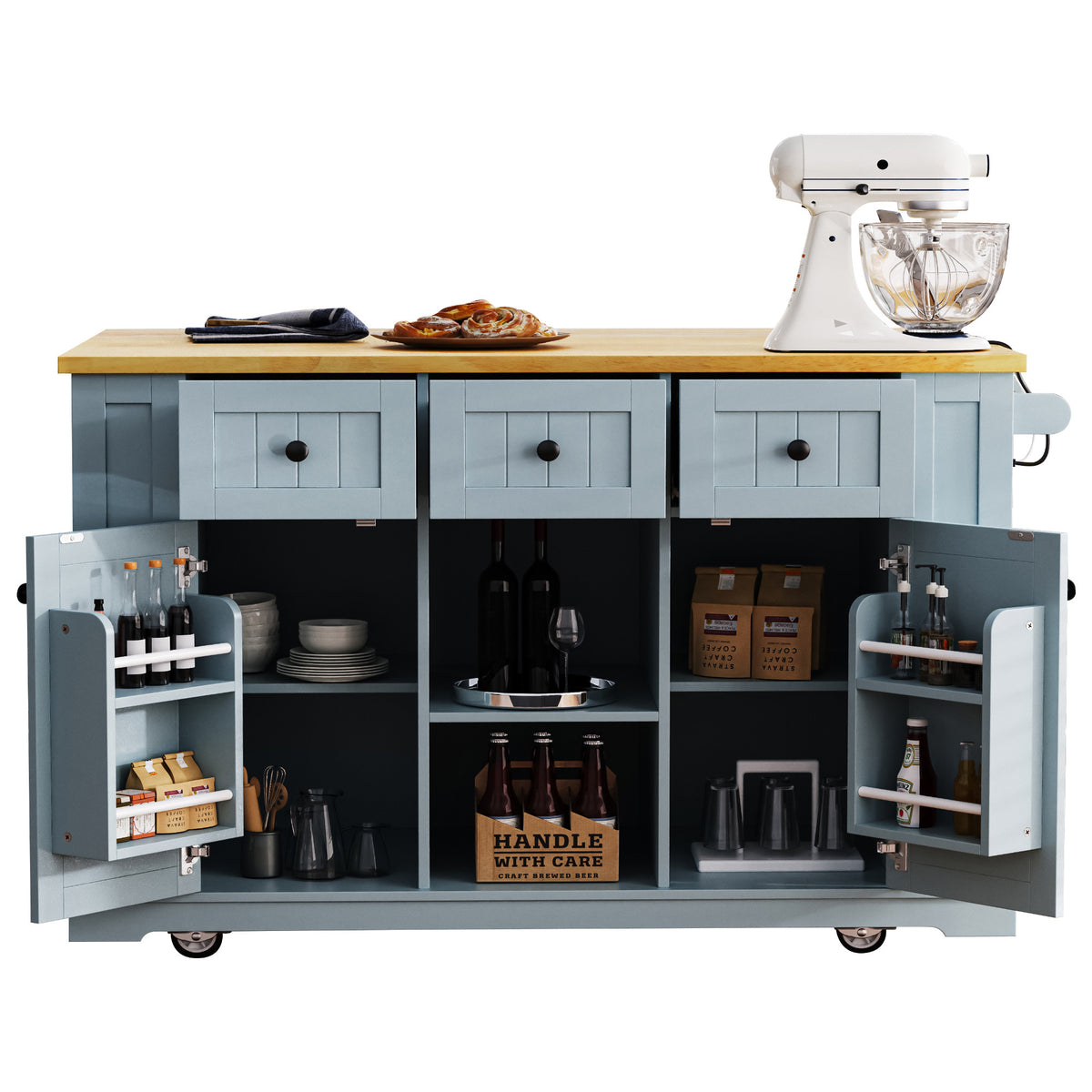 K&K 53inch Large Kitchen Island with Drop Leaf,Power Outlet,Door Internal Storage Rack,Rolling Kitchen Cart on 5 Wheels with 5 Open Side Racks for Kitchen,Dining Room,Grey Blue(Not include bar stools) N707P185531G-djyc