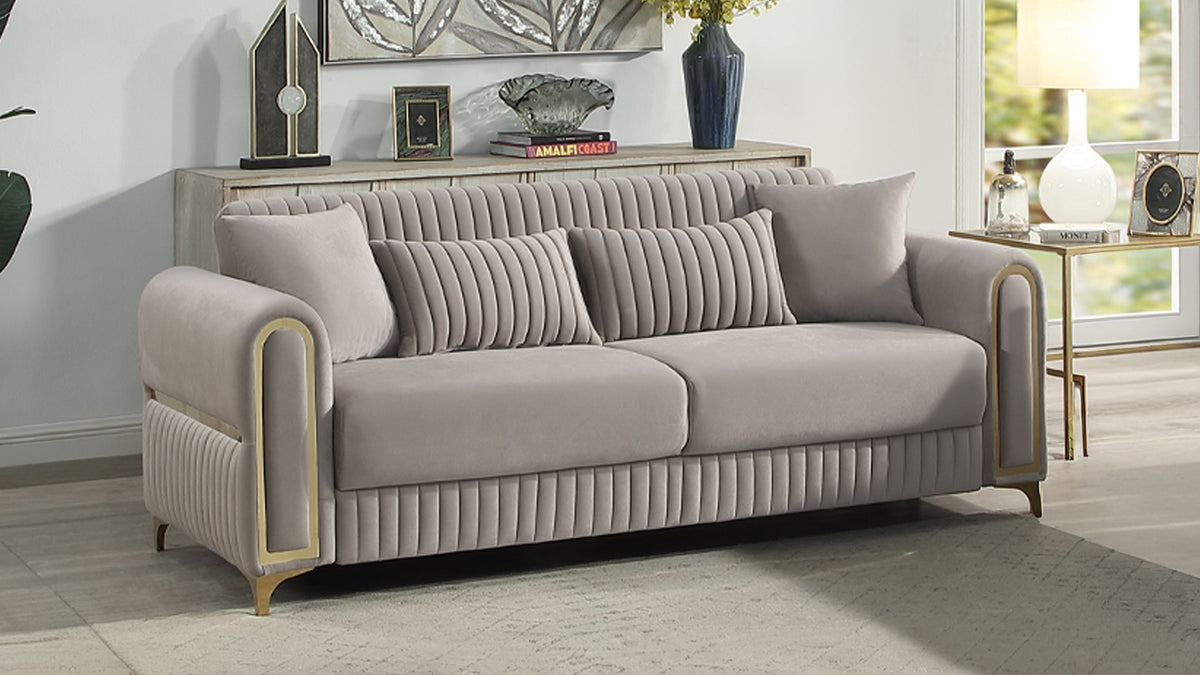 Ruby Modern Upholstered Sofa in Taupe with Solid Birch Wood Frame, Pocket Coil Seating and Gold Stainless Steel Legs-B009S02249